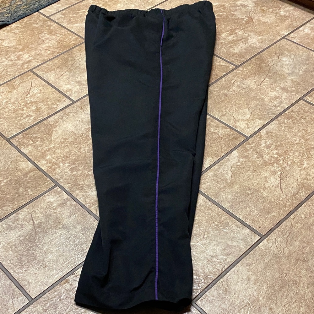 Danskin Women’s Wide Leg Lightweight Black Pants with Purple Stripes Athleisure